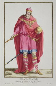 Charlemagne (742-814) a Receuil des Estampes-ből, a rangokat és a méltóságokat képviselő, az összes létező nemzet viselete szerint, 1780-ban (kézzel színezett metszet)